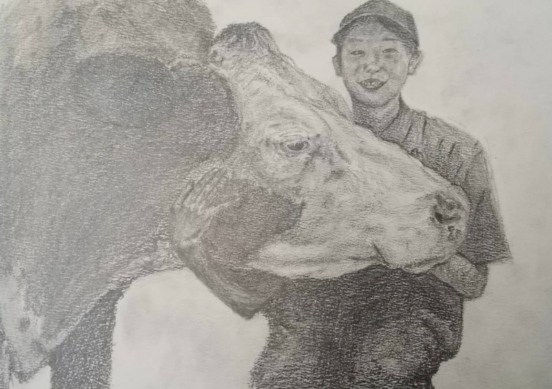 牛と学生を描いた作品